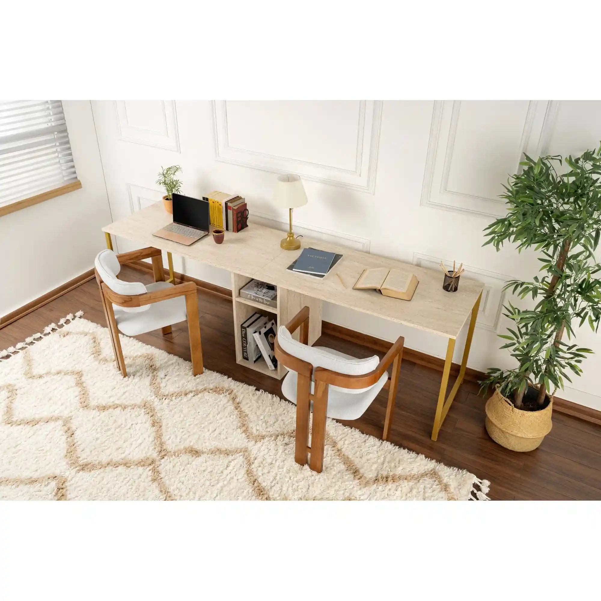 Birou TWIN, travertin/auriu, PAL melaminat/metal, 240x60x74 cm