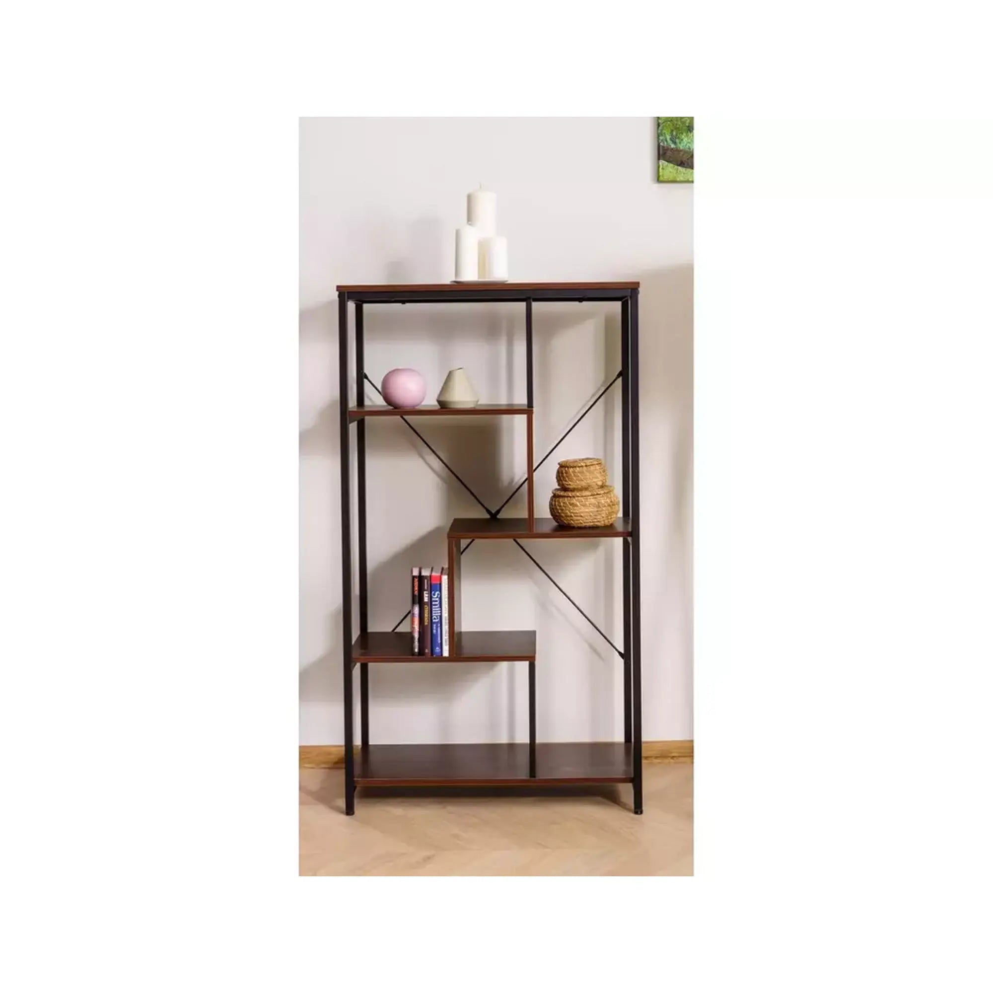 Biblioteca NET B, nuc inchis/negru, PAL laminat/metal, 75x35x132 cm