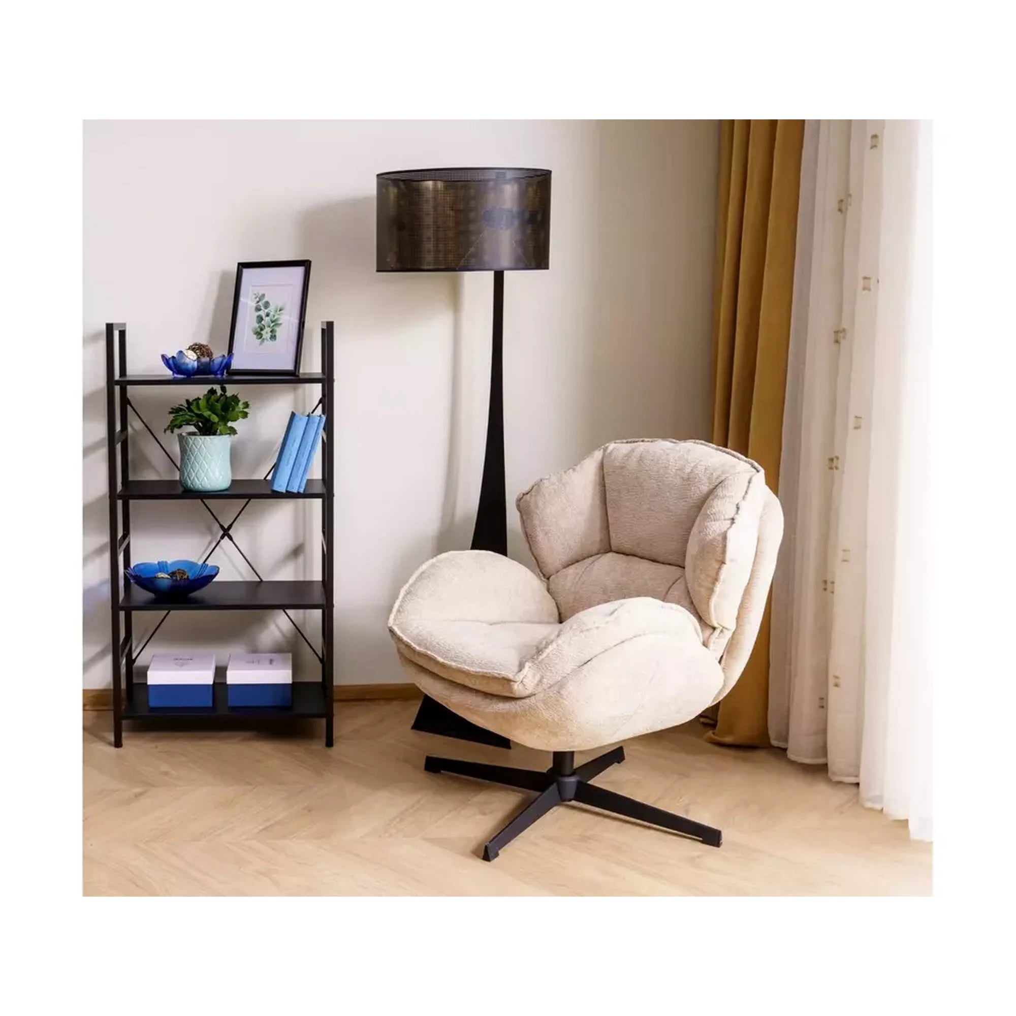 Fotoliu pufos rotativ BETTY, bej/negru, stofa clasica/metal, 73x87x83 cm