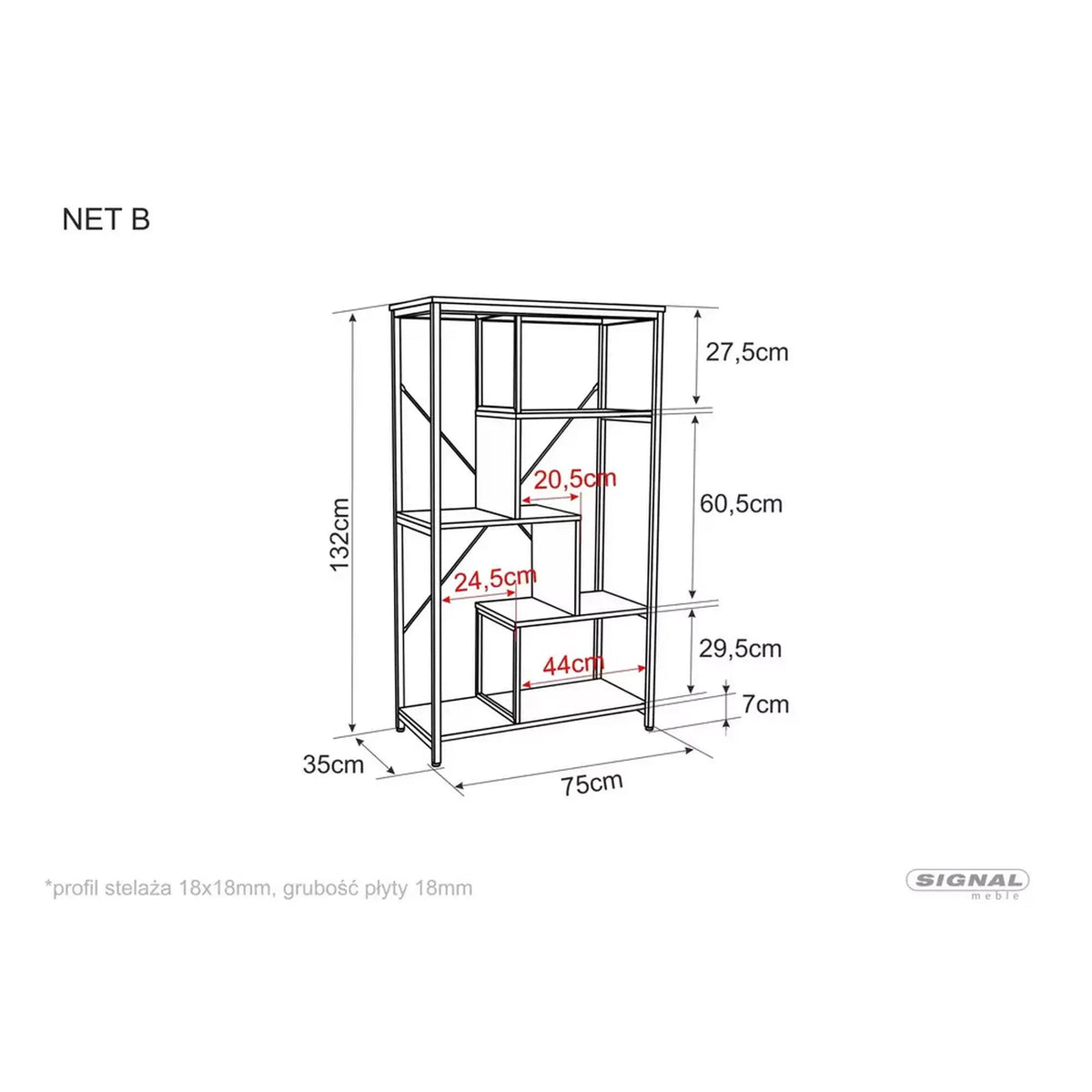 Biblioteca NET B, nuc inchis/negru, PAL laminat/metal, 75x35x132 cm