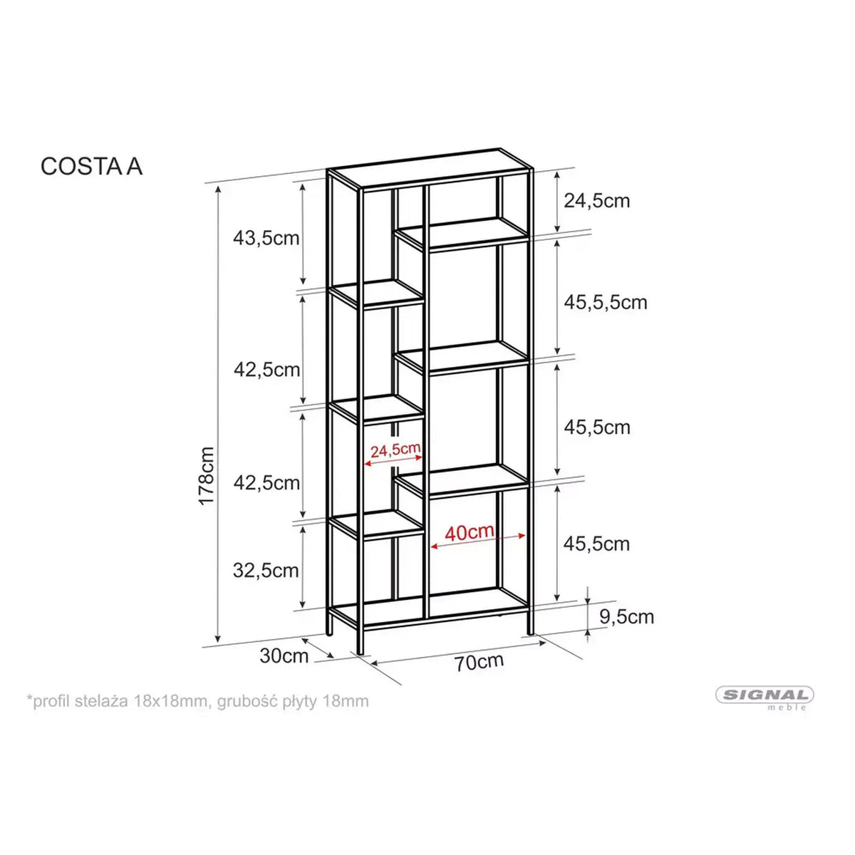 Etajera COSTA A, stejar/negru, PAL/metal, 70x30x178 cm