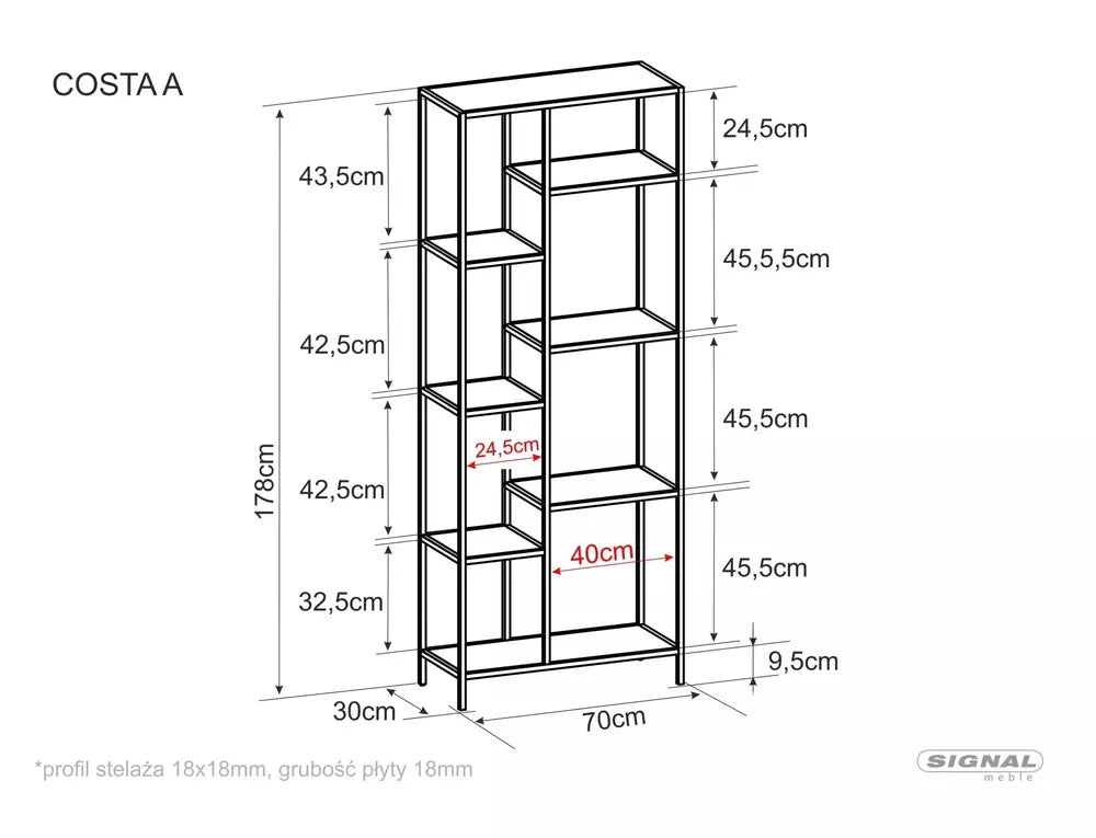Etajera COSTA A, negru mat, PAL laminat/metal, 70x30x178 cm