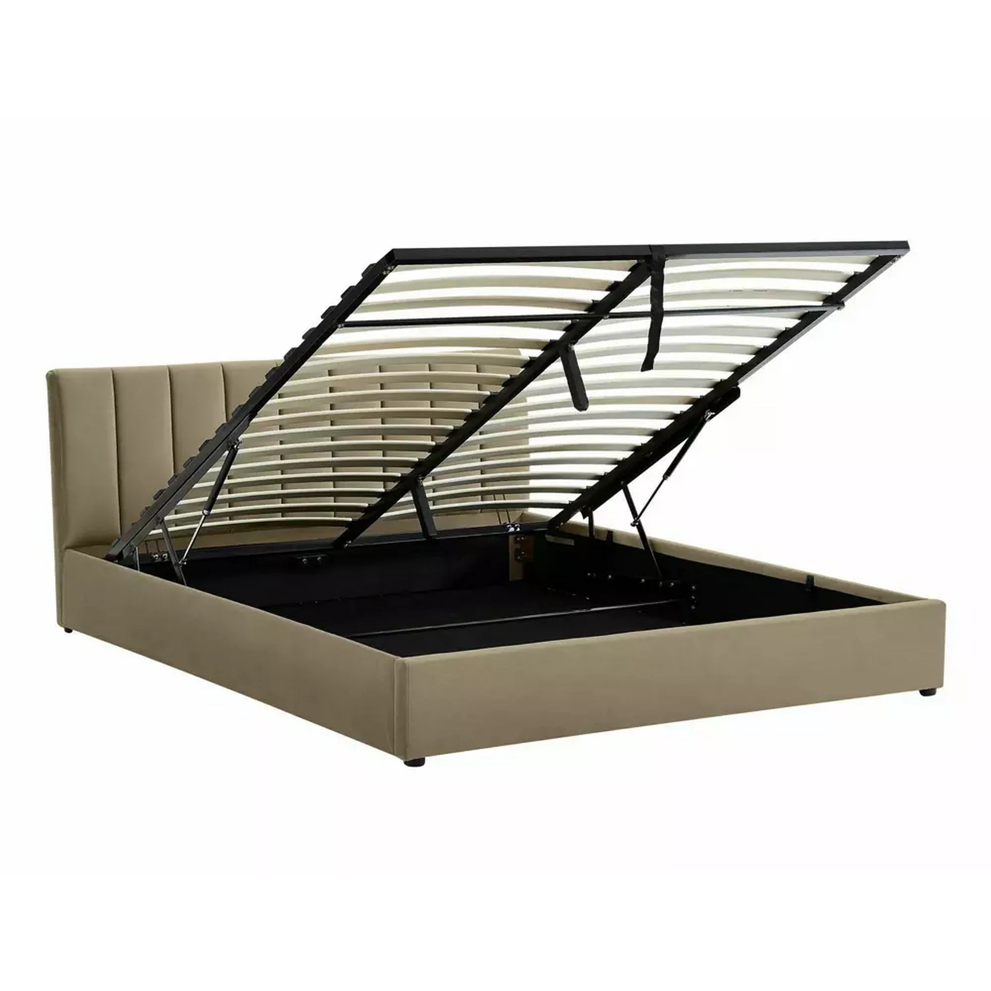 Pat MONTREAL 140x200, stofa catifelata bej - Bluvel 28, cu somiera si spatiu depozitare