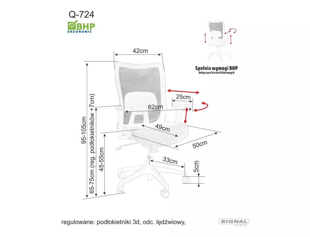 Scaun de birou Q-724, gri, stofa clasica/plasa, 62x49x95/105 cm