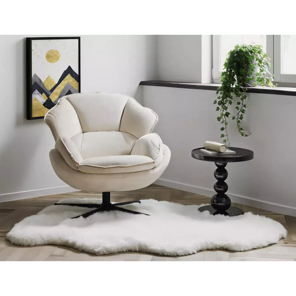 Fotoliu pufos rotativ BETTY, bej/negru, stofa clasica/metal, 73x87x83 cm