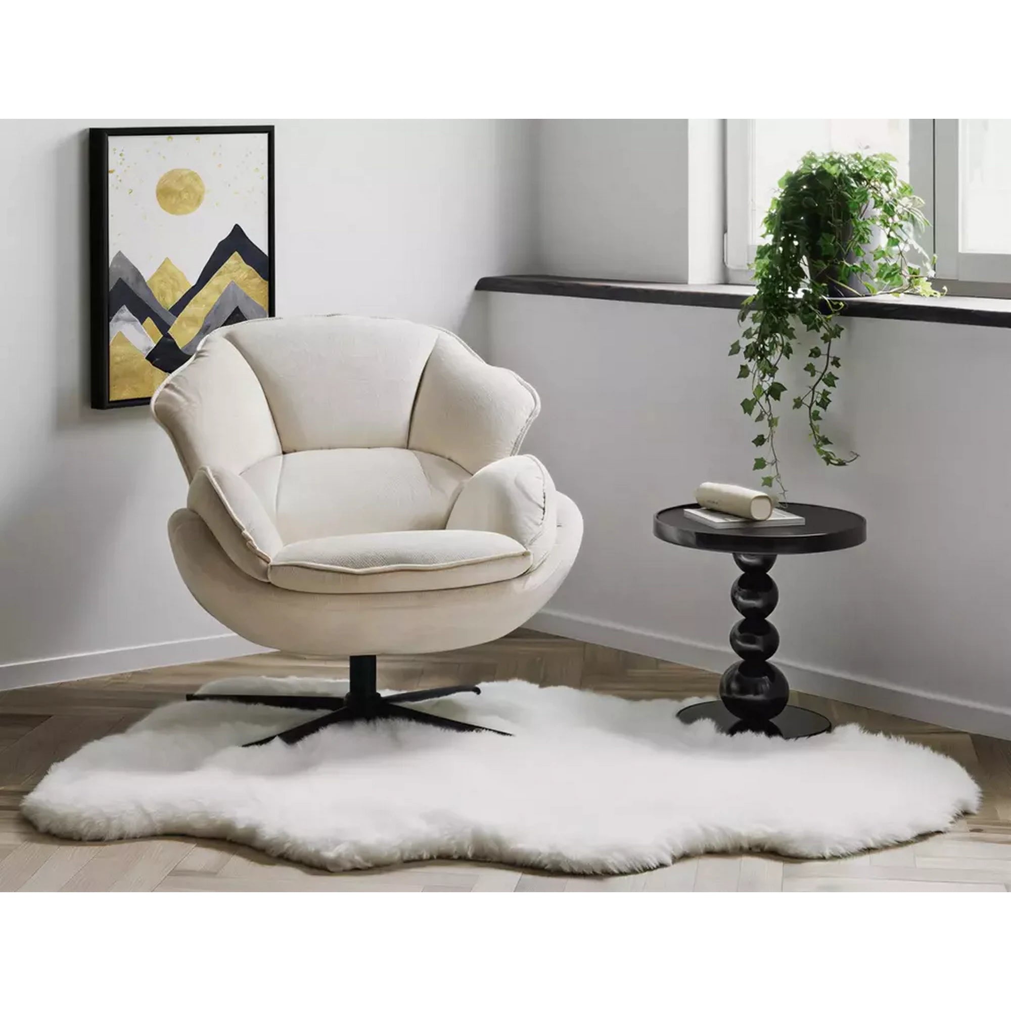 Fotoliu pufos rotativ BETTY, bej/negru, stofa clasica/metal, 73x87x83 cm