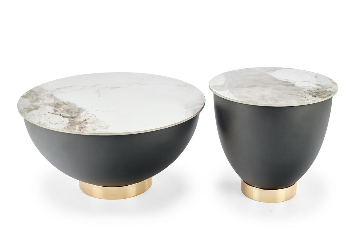 Masuta cafea CECILIA S, alb cu efect de marmura/negru/auriu, ceramica/otel, 48x48x45 cm