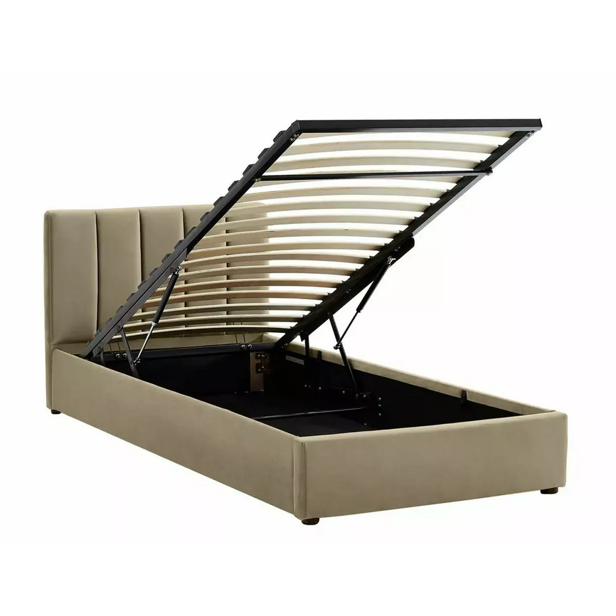 Pat MONTREAL 90x200, stofa catifelata bej - Bluvel 28, cu somiera si spatiu depozitare