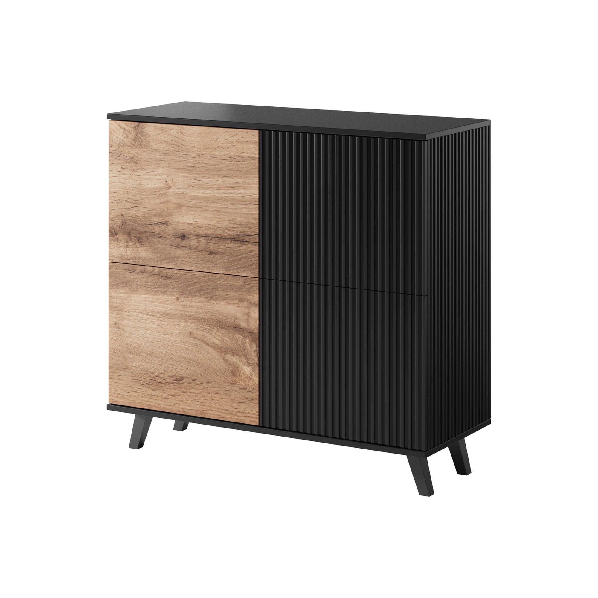 Comoda RANDOM KM-2, stejar wotan/negru, PAL furniruit, 100x40x95 cm