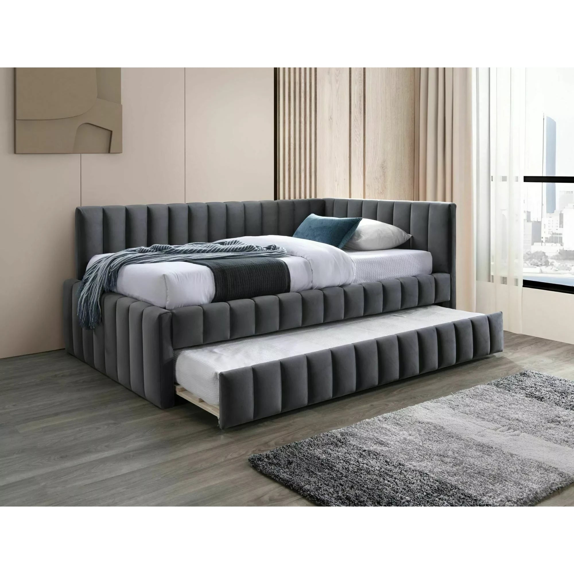Divan 120x200 ALFIE, stofa catifelata gri - Bluvel 14, cu somiera si corp aditional