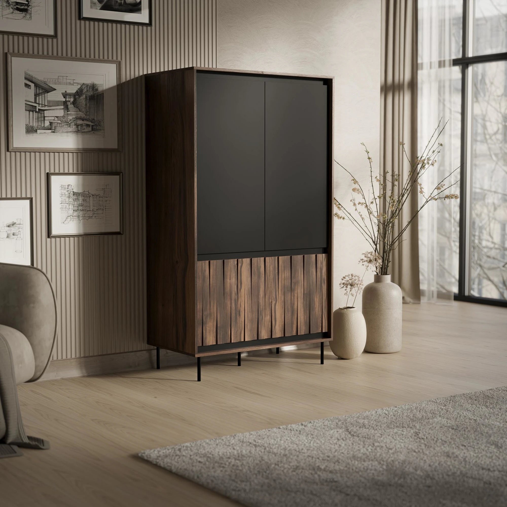 Dulap SWING S-1, nuc/negru, PAL laminat/metal, cu 4 usi, 102x55x179 cm