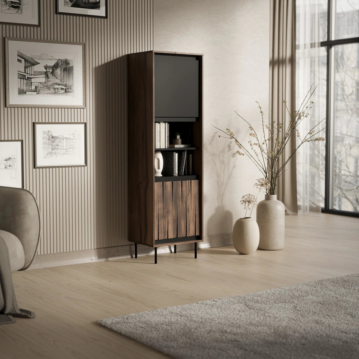 Biblioteca SWING W-1, nuc/negru, PAL laminat/metal, 53x40x179 cm