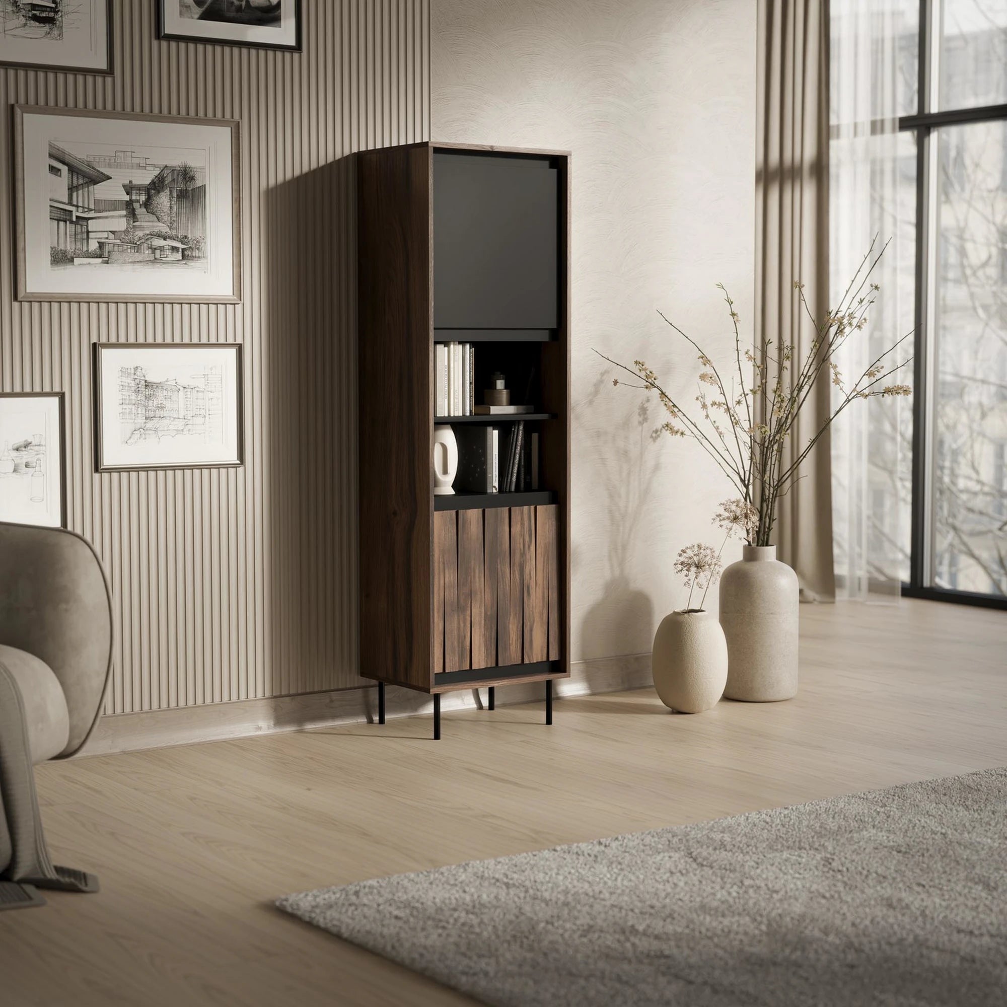 Biblioteca SWING W-1, nuc/negru, PAL laminat/metal, 53x40x179 cm