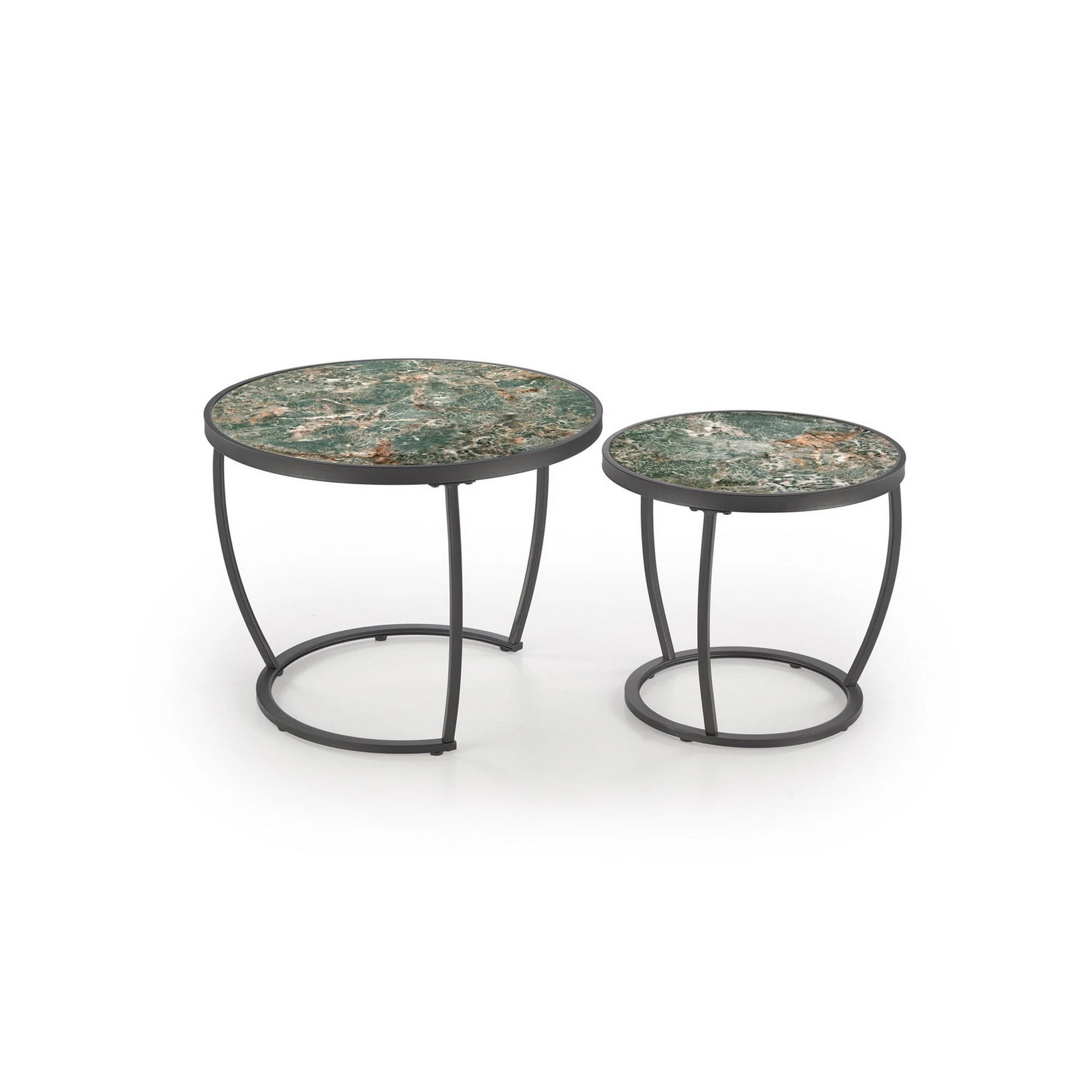 Set 2 masute cafea INES, verde cu efect de marmura/negru, ceramica/metal