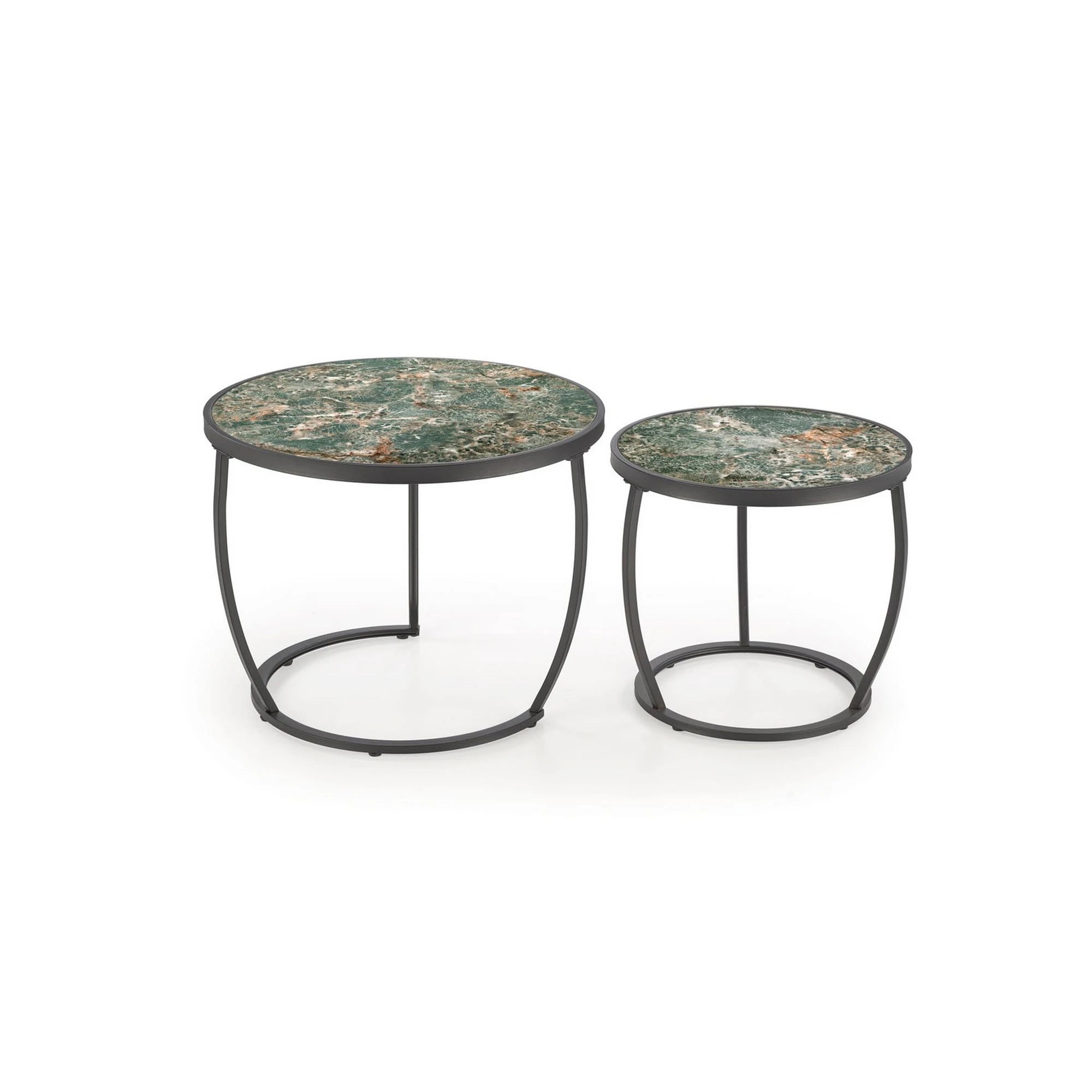 Set 2 masute cafea INES, verde cu efect de marmura/negru, ceramica/metal