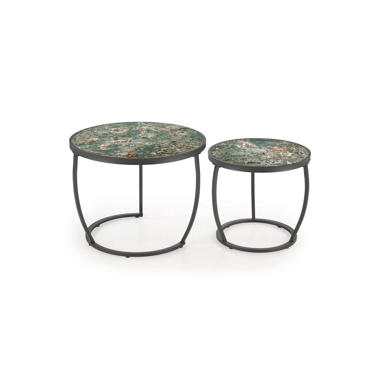 Set 2 masute cafea INES, verde cu efect de marmura/negru, ceramica/metal