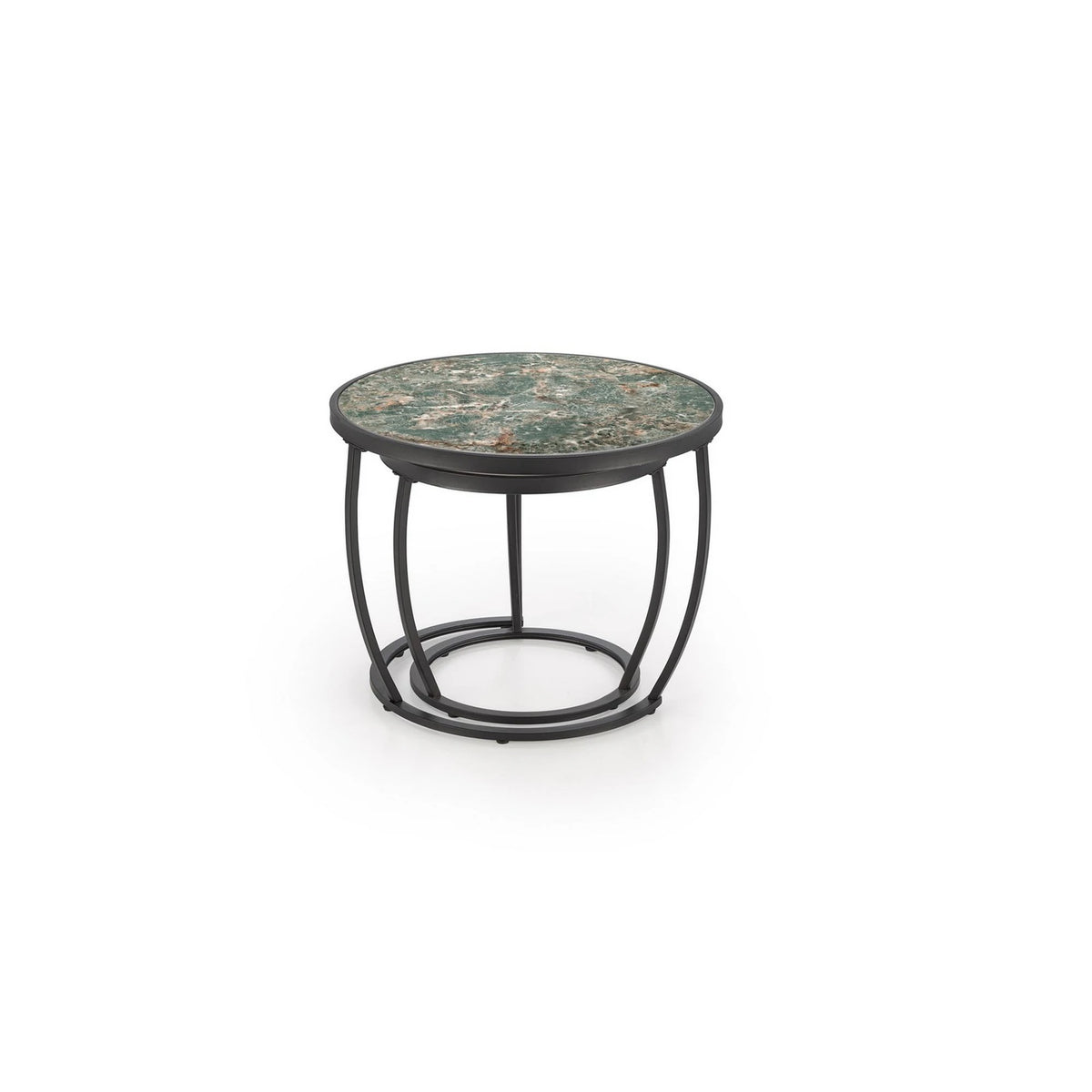 Set 2 masute cafea INES, verde cu efect de marmura/negru, ceramica/metal