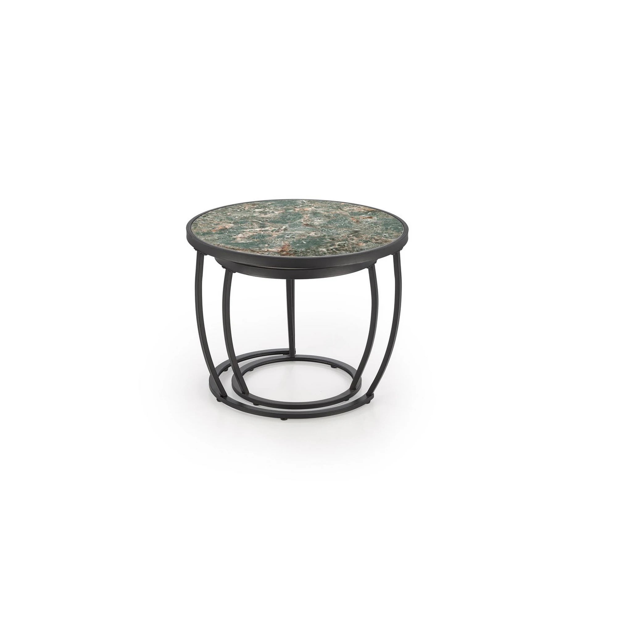 Set 2 masute cafea INES, verde cu efect de marmura/negru, ceramica/metal