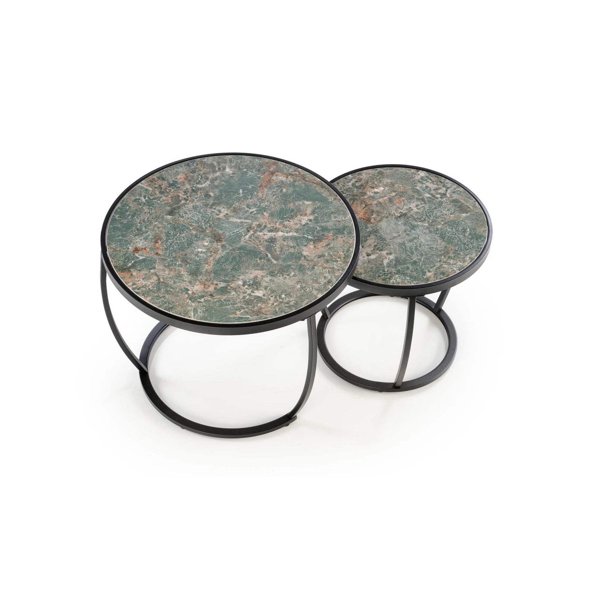 Set 2 masute cafea INES, verde cu efect de marmura/negru, ceramica/metal