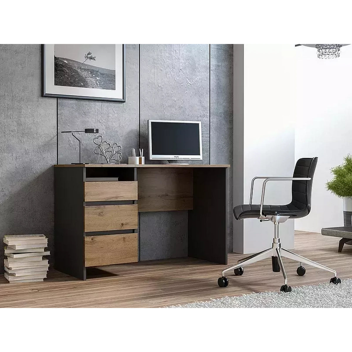Birou B-005, stejar wotan/gri antracit, PAL laminat, 120x55x77 cm
