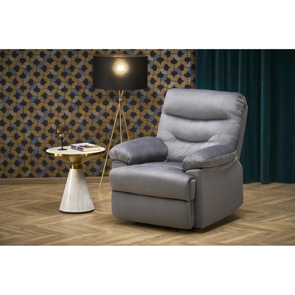 Fotoliu cu recliner DRAGER, gri/negru, stofa catifelata/metal, 88x90/160x105 cm