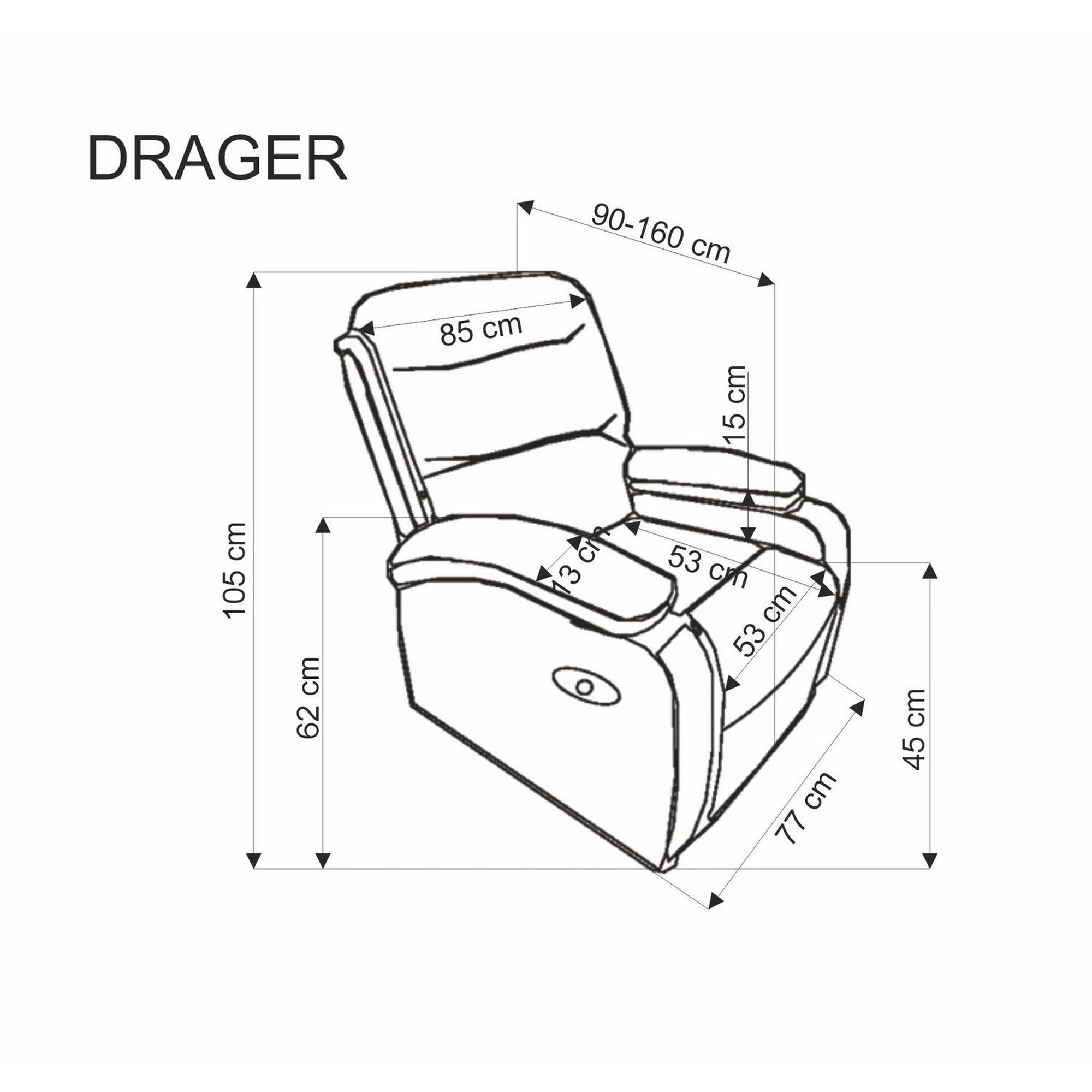 Fotoliu cu recliner DRAGER, gri/negru, stofa catifelata/metal, 88x90/160x105 cm