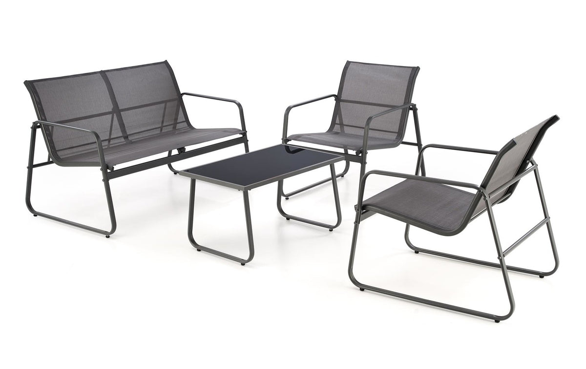 Set gradina CONOR, gri, plasa/sticla/metal, cu masuta, 2 scaune si canapea