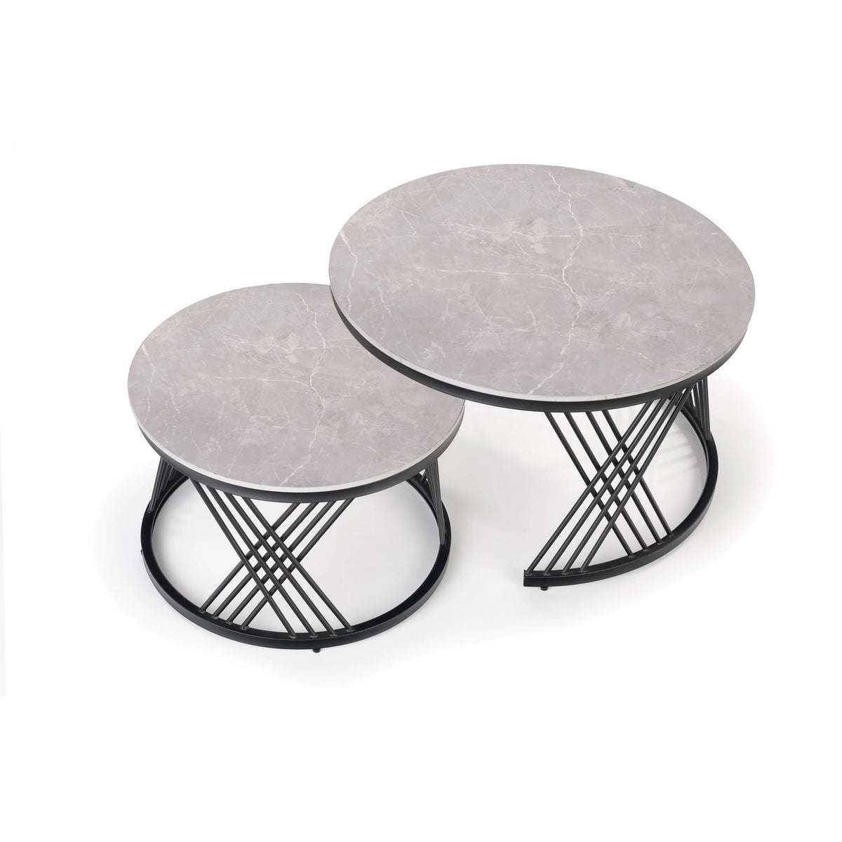 Set 2 masute cafea FLAMINGO, gri cu efect de marmura/negru, ceramica/metal