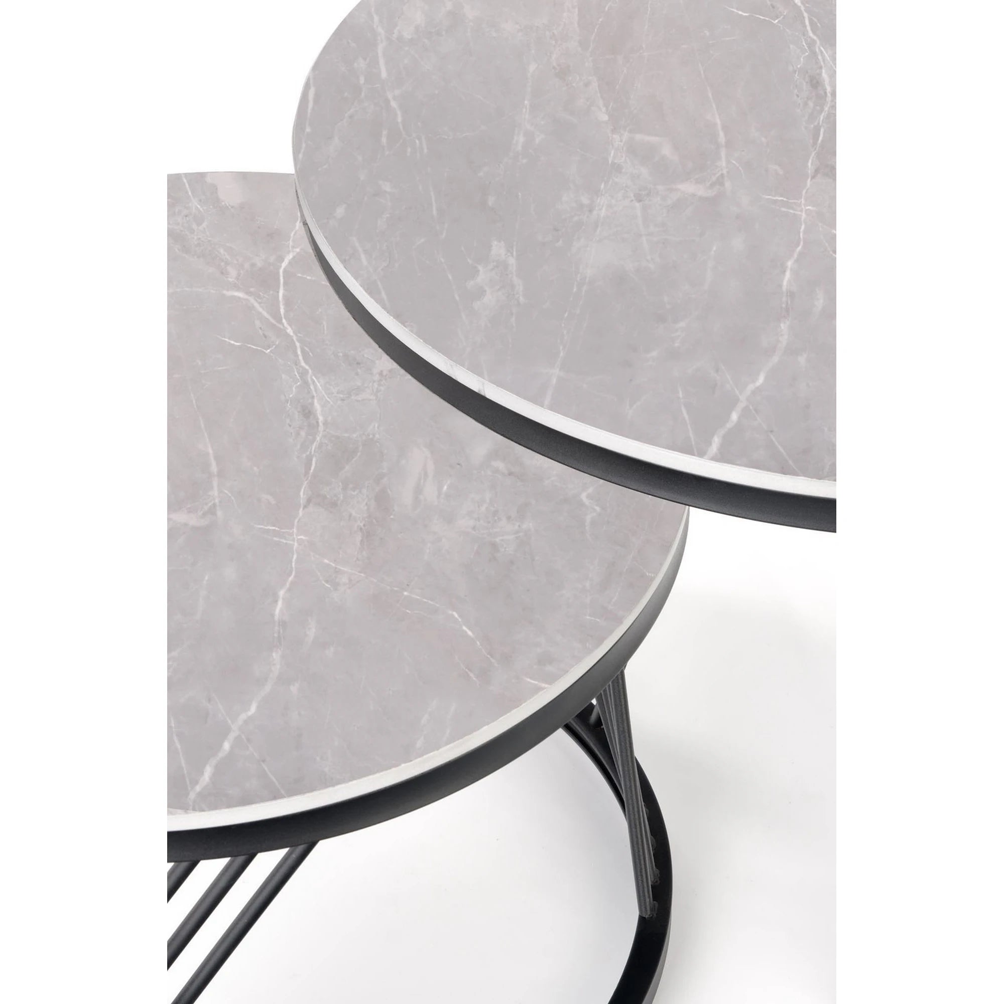 Set 2 masute cafea FLAMINGO, gri cu efect de marmura/negru, ceramica/metal