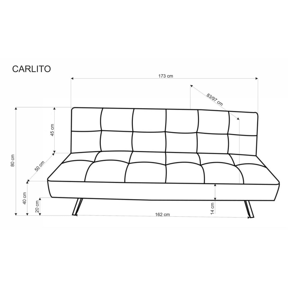 Canapea extensibila CARLITO, gri, stofa clasica/metal, 173x83/97x80 cm