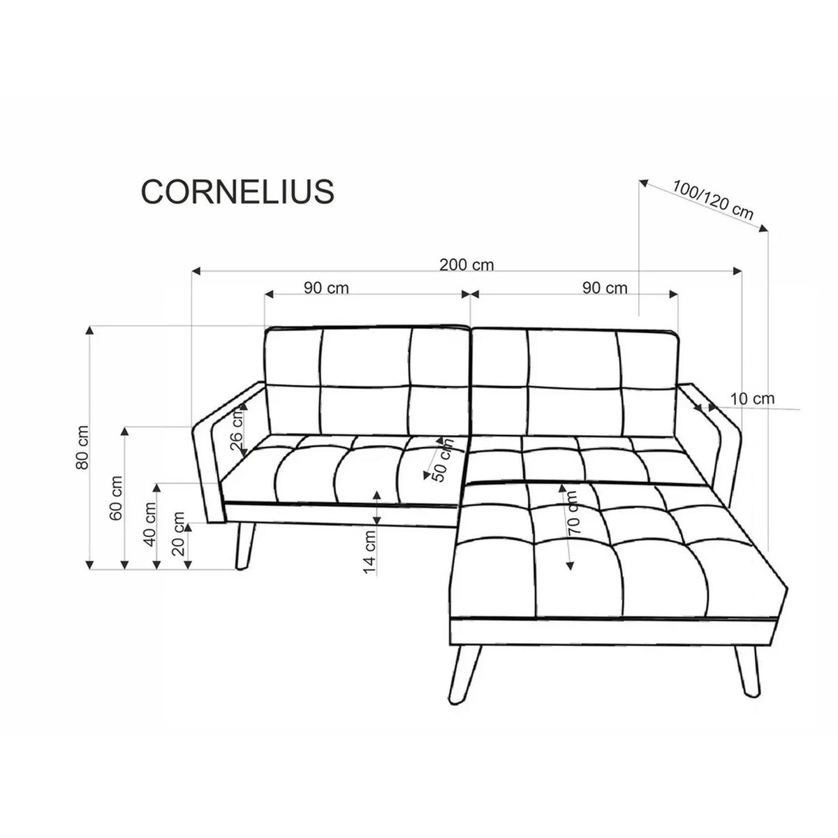 Canapea extensibila CORNELIUS, albastru/negru, stofa clasica/lemn, 200x153/167x80 cm