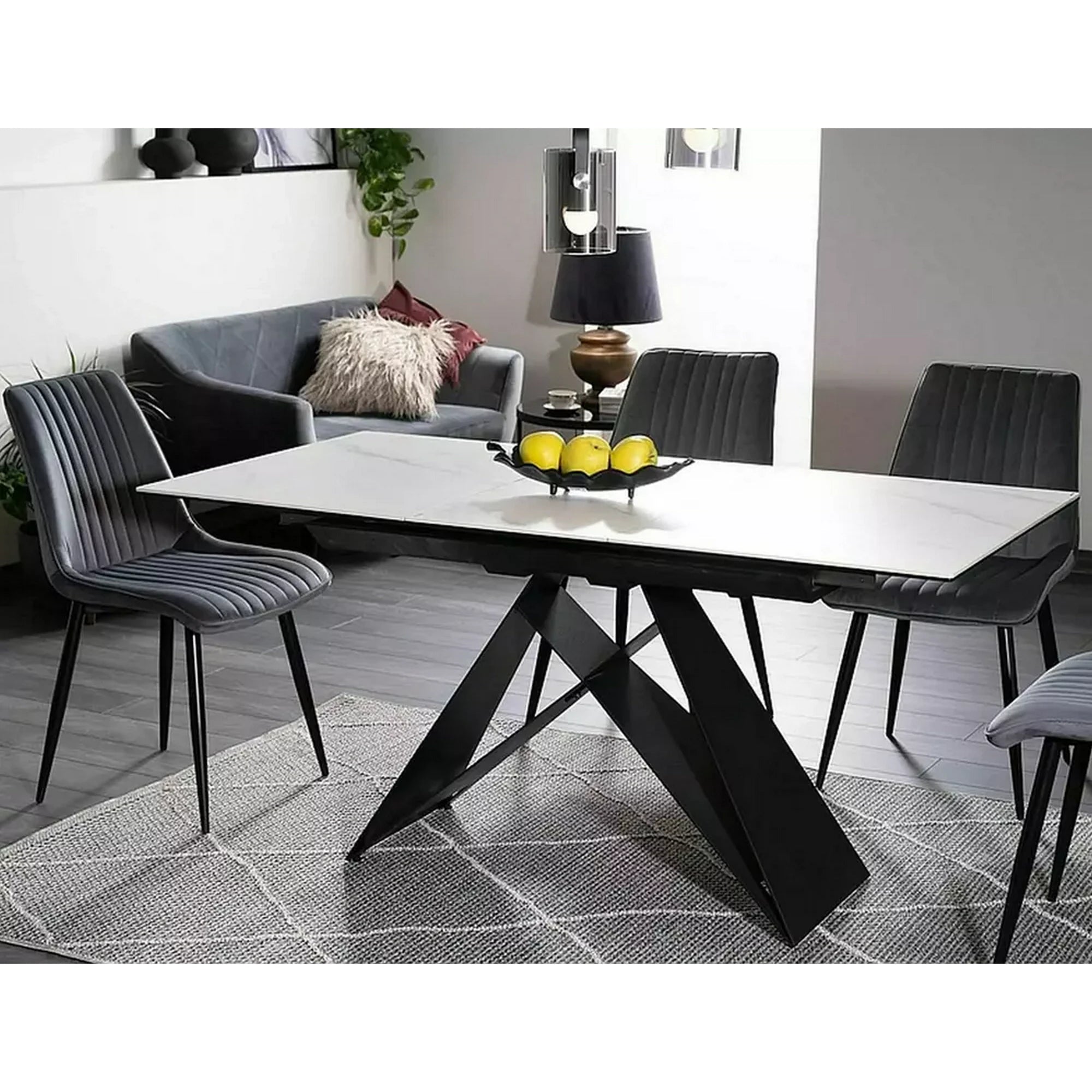 Masa moderna dining Westin SC, alb cu efect de marmura/negru, ceramica/metal/sticla 120/160X80X76 cm
