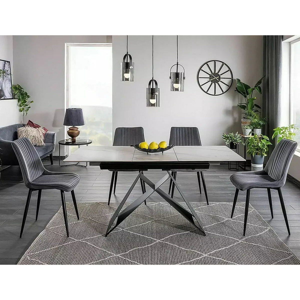 Masa moderna dining Westin SC, alb cu efect de marmura/negru, ceramica/metal/sticla 120/160X80X76 cm