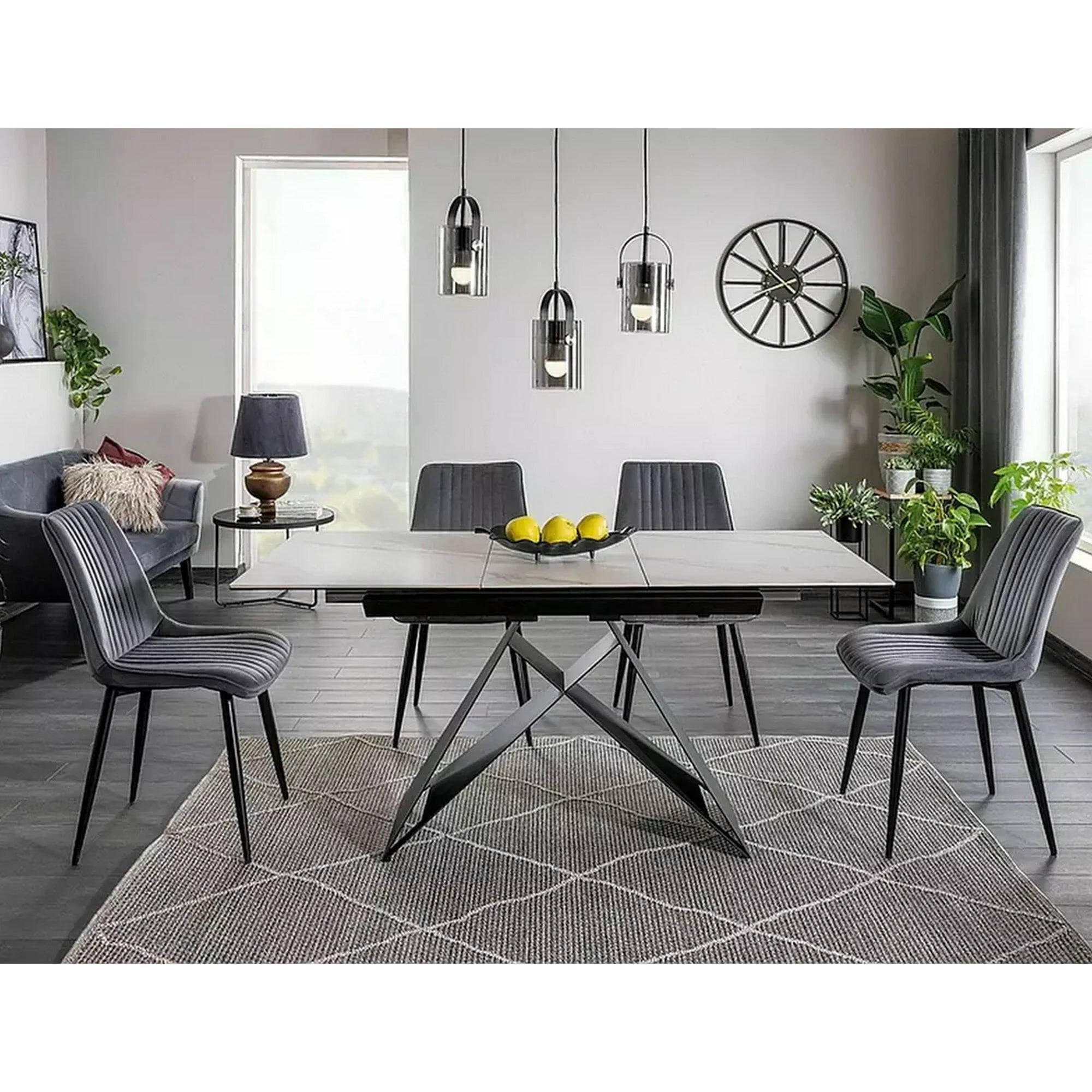 Masa moderna dining Westin SC, alb cu efect de marmura/negru, ceramica/metal/sticla 120/160X80X76 cm