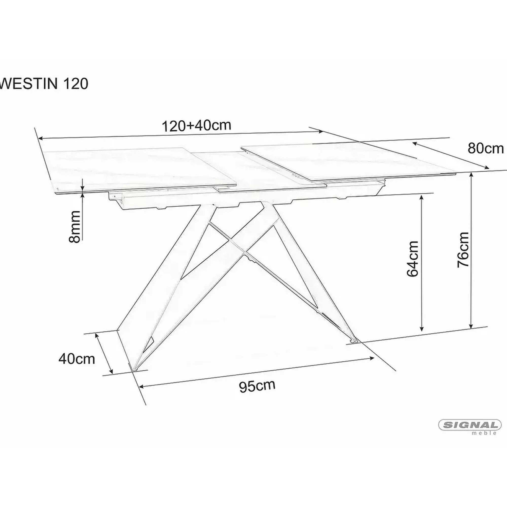Masa moderna dining Westin SC, alb cu efect de marmura/negru, ceramica/metal/sticla 120/160X80X76 cm