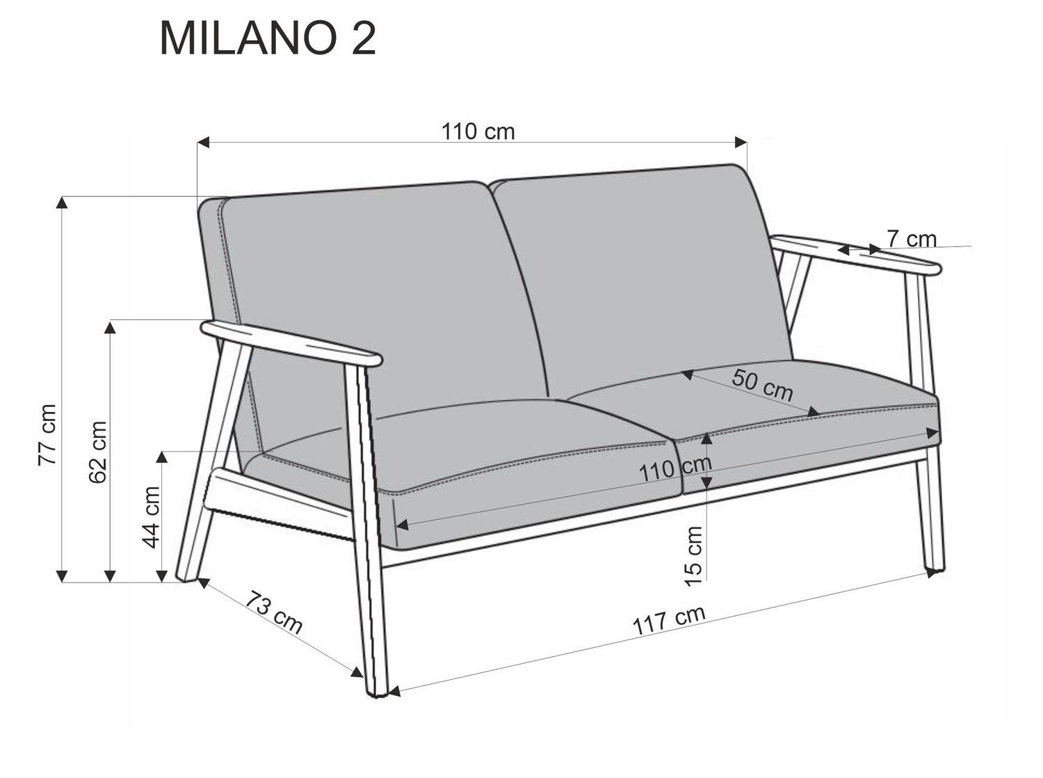 Canapea MILANO 2S, gri - Castel 93, stofa catifelata/lemn, 120x77x77 cm