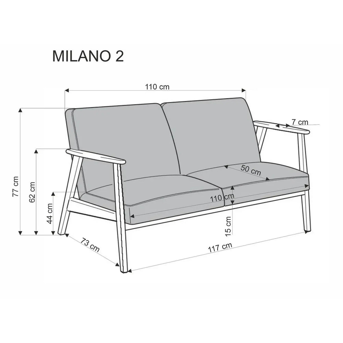 Canapea MILANO 2S, gri - Castel 93, stofa catifelata/lemn, 120x77x77 cm