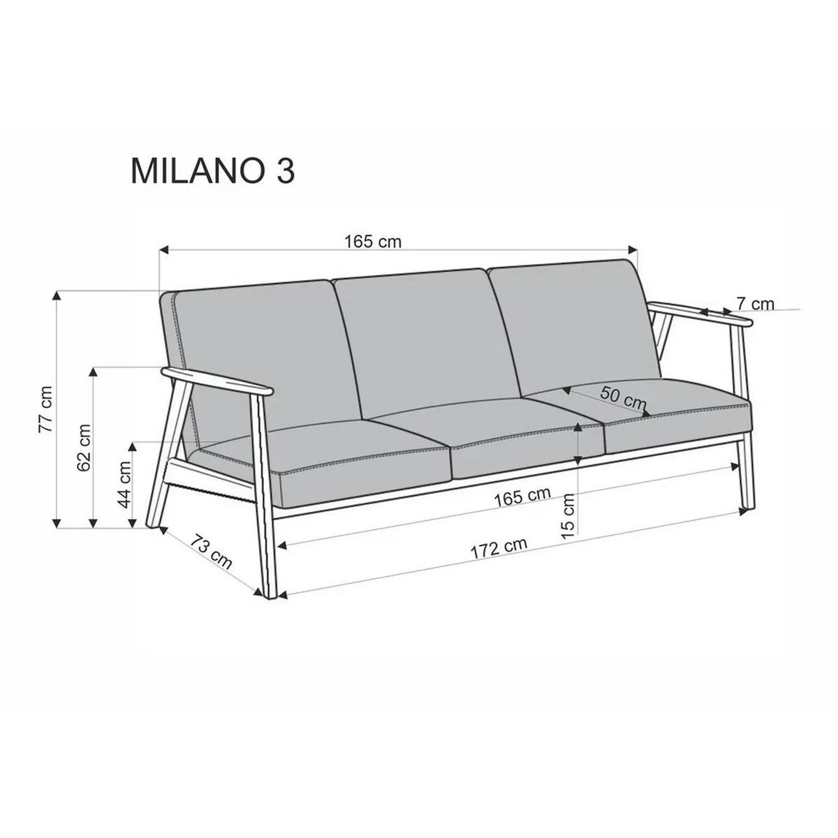 Canapea MILANO 3S, gri - Castel 93, stofa catifelata/lemn, 175x77x77 cm