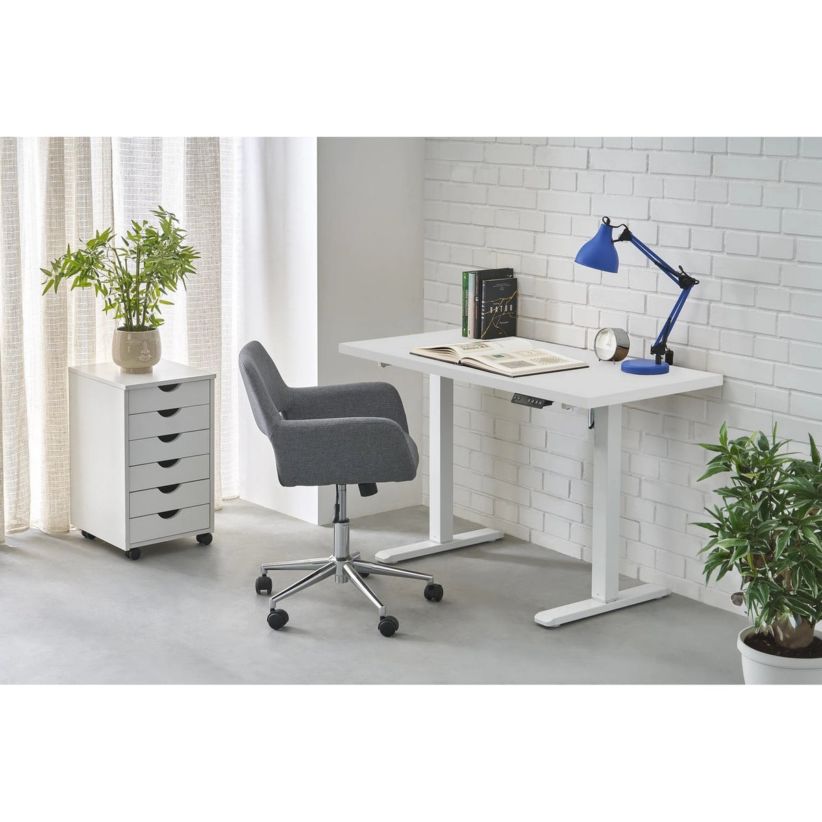 Masa birou B54, alb, PAL laminat/otel, 120x60x75-120 cm