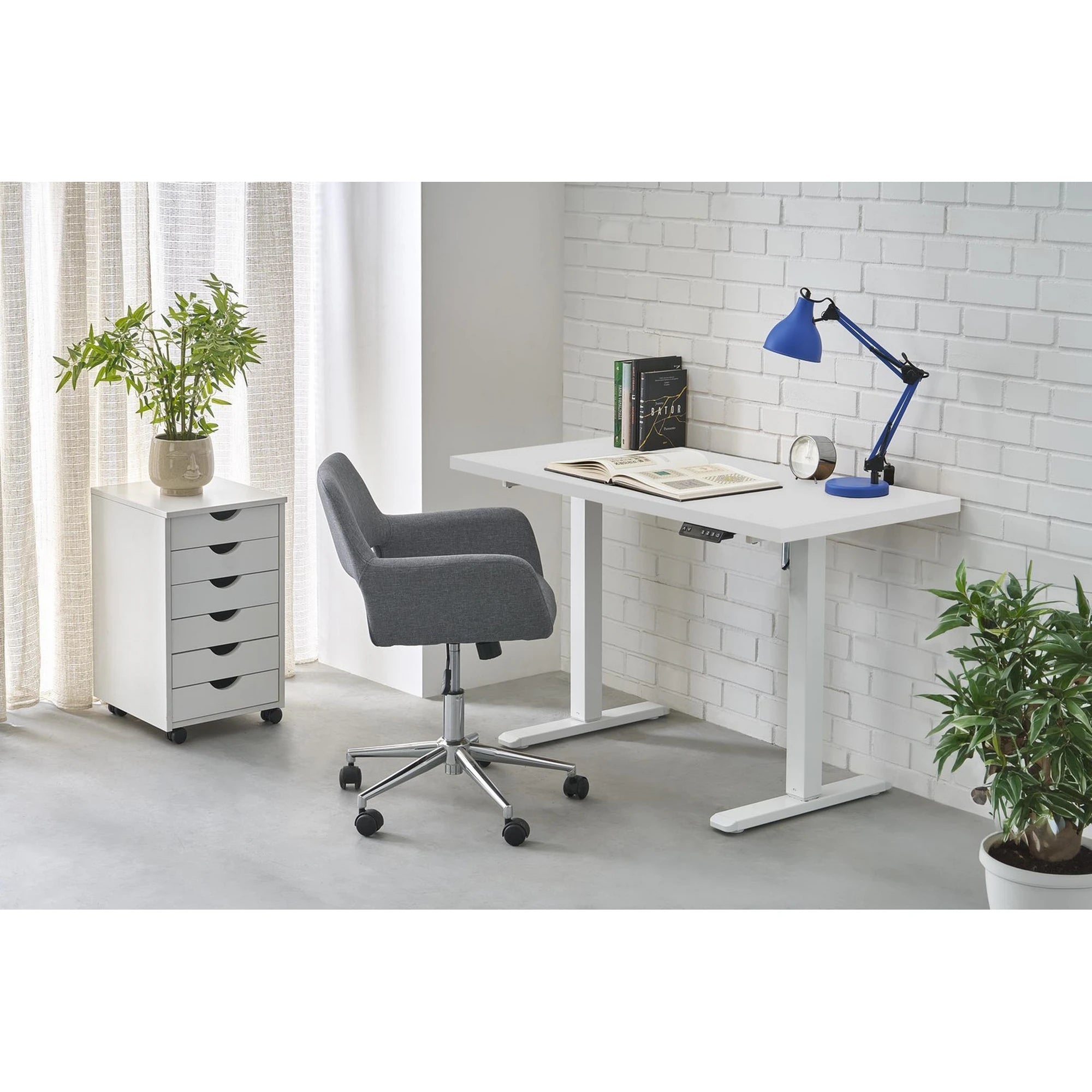 Masa birou B54, alb, PAL laminat/otel, 120x60x75-120 cm