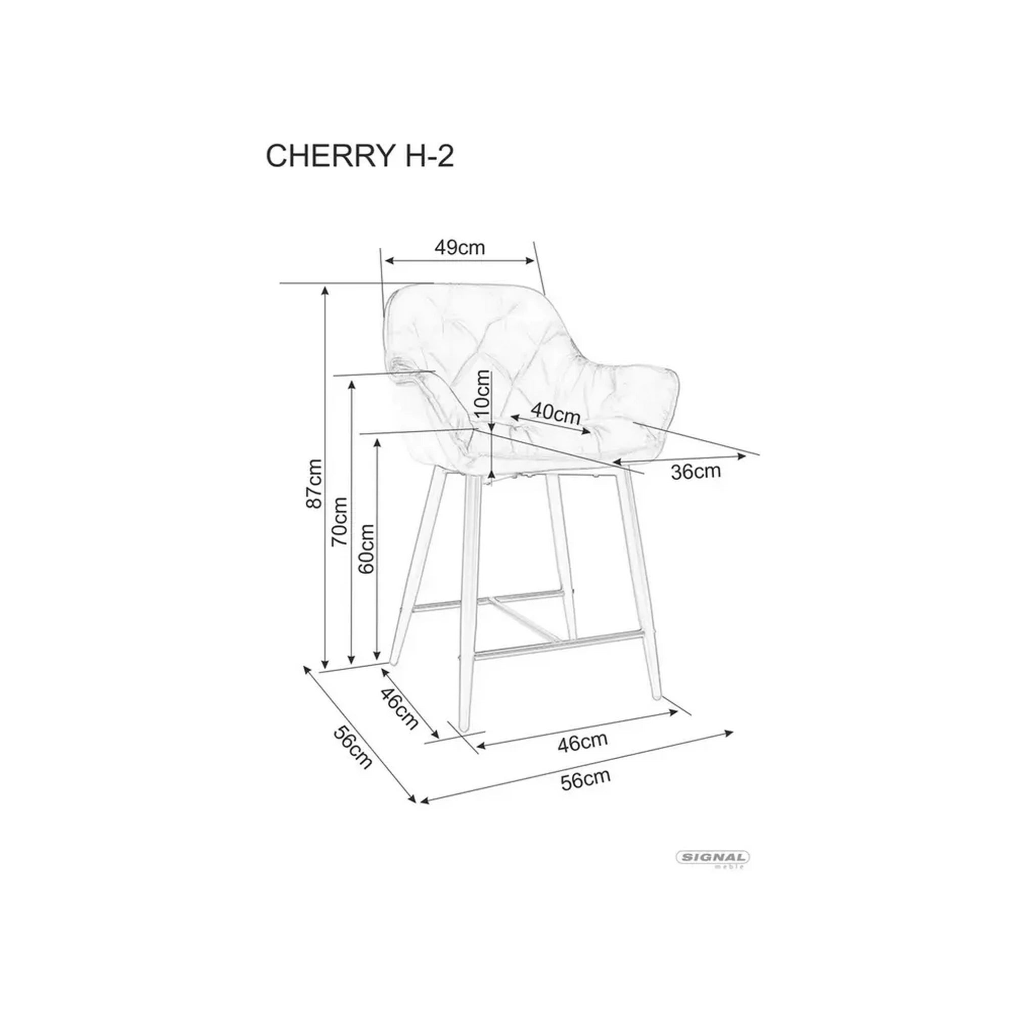 Scaun bar CHERRY H-2, gri/negru mat, stofa catifelata/metal, 56x40x87 cm