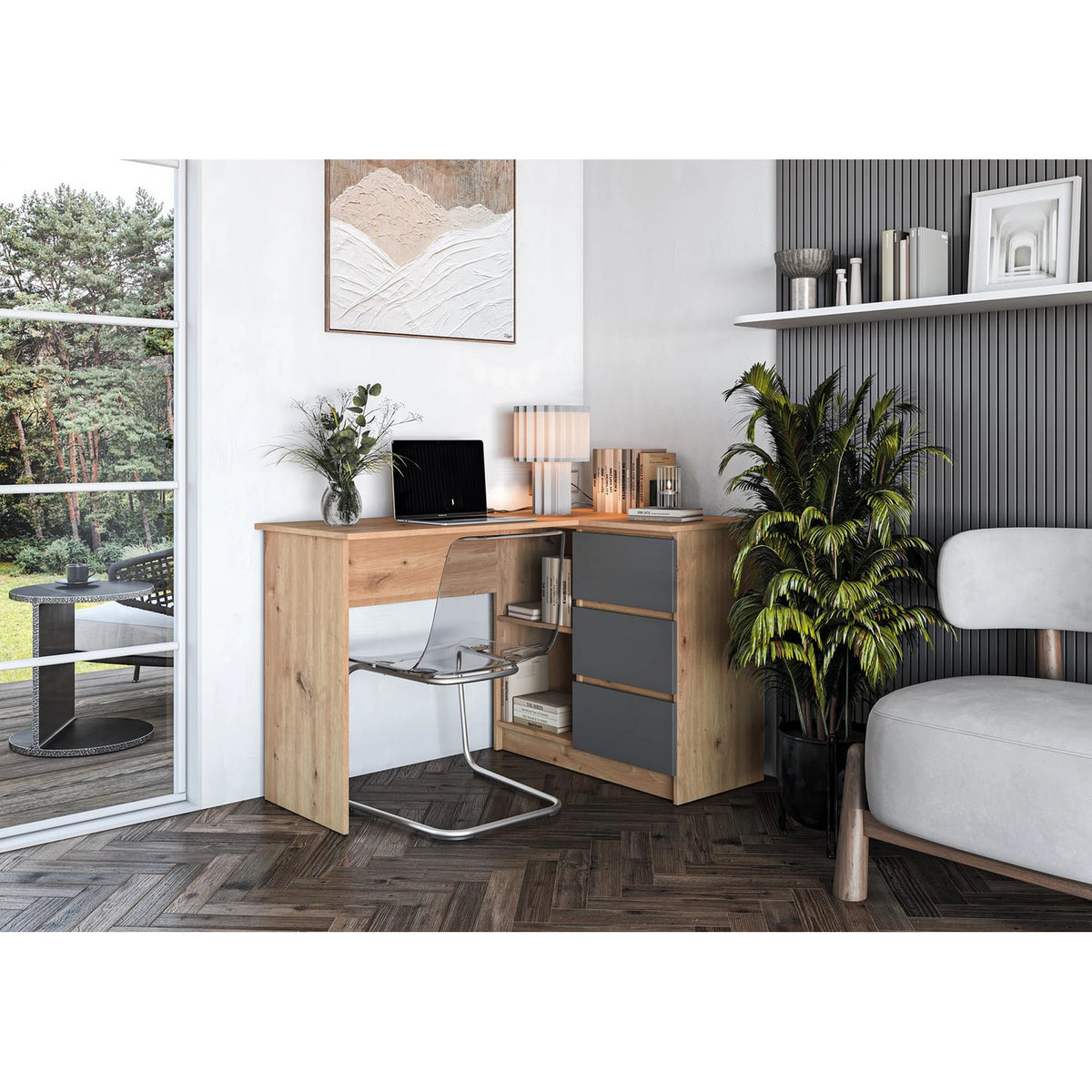 Birou BEGA, stejar artisan/gri grafit, PAL laminat, 124x85x76 cm