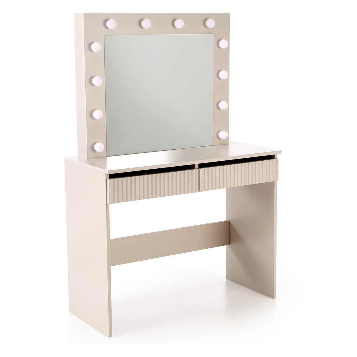 Masa de toaleta HOLLYWOOD 2, casmir, PAL laminat, cu oglinda si iluminare LED, 94x43x140 cm