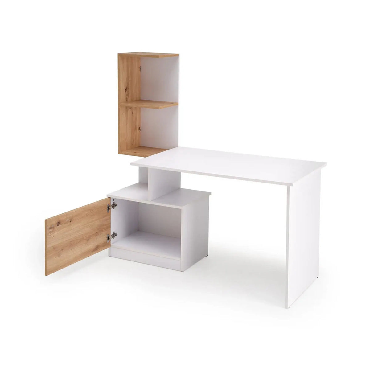 Birou MISO, alb/stejar artisan, PAL laminat, 144x60x142 cm