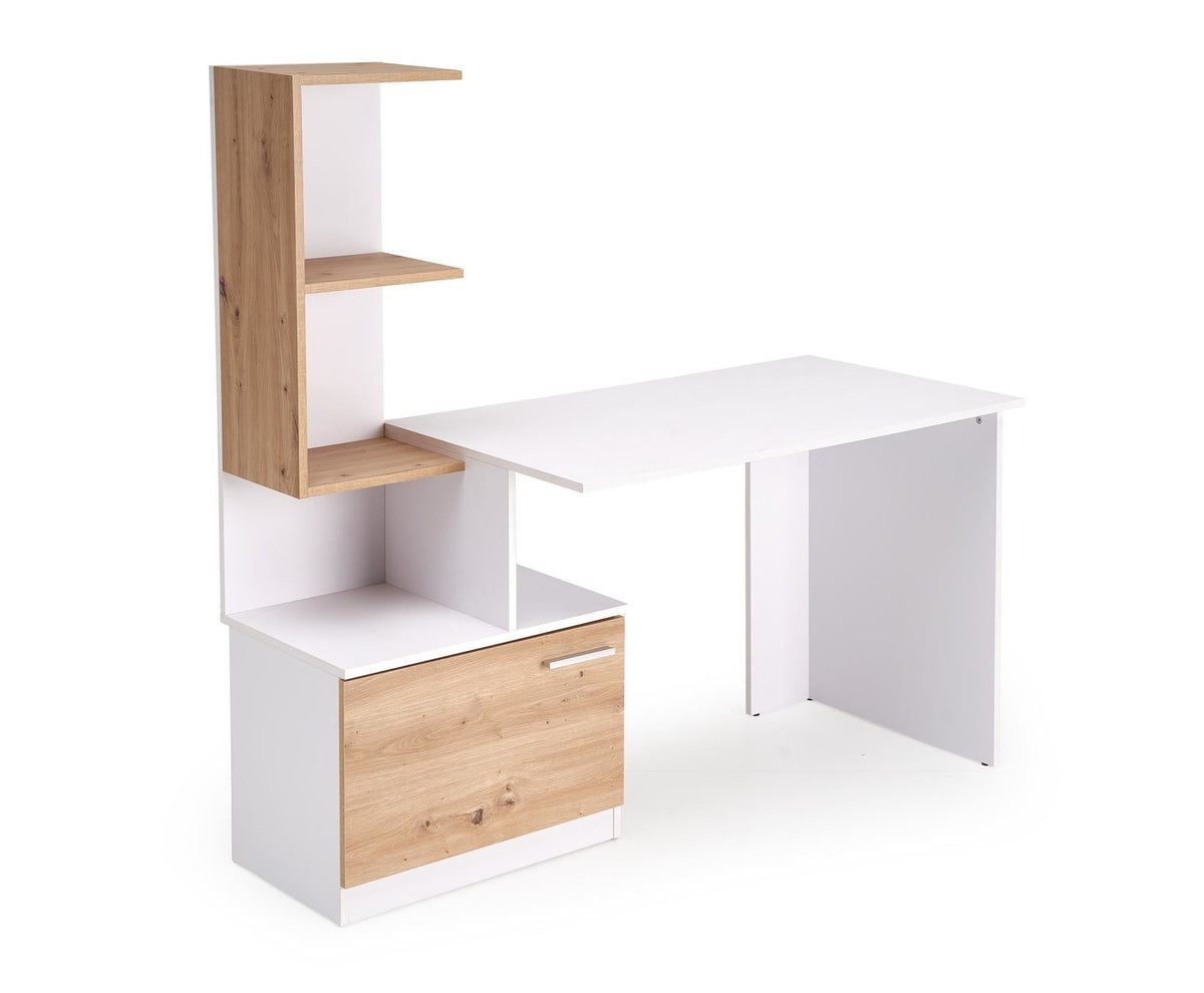 Birou MISO, alb/stejar artisan, PAL laminat, 144x60x142 cm