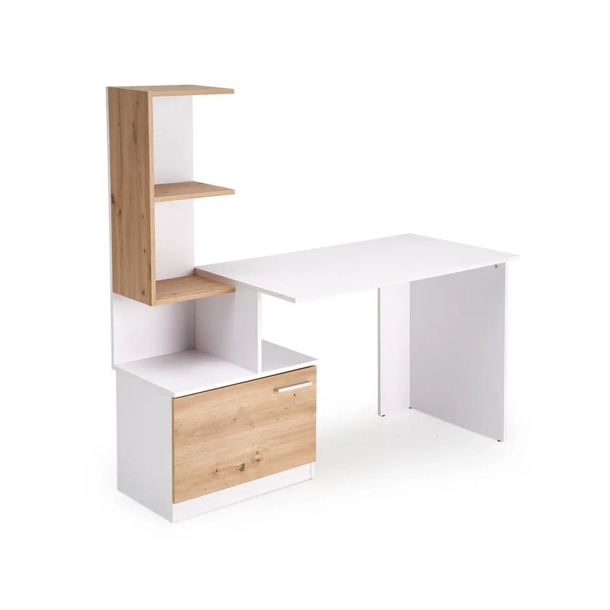 Birou MISO, alb/stejar artisan, PAL laminat, 144x60x142 cm