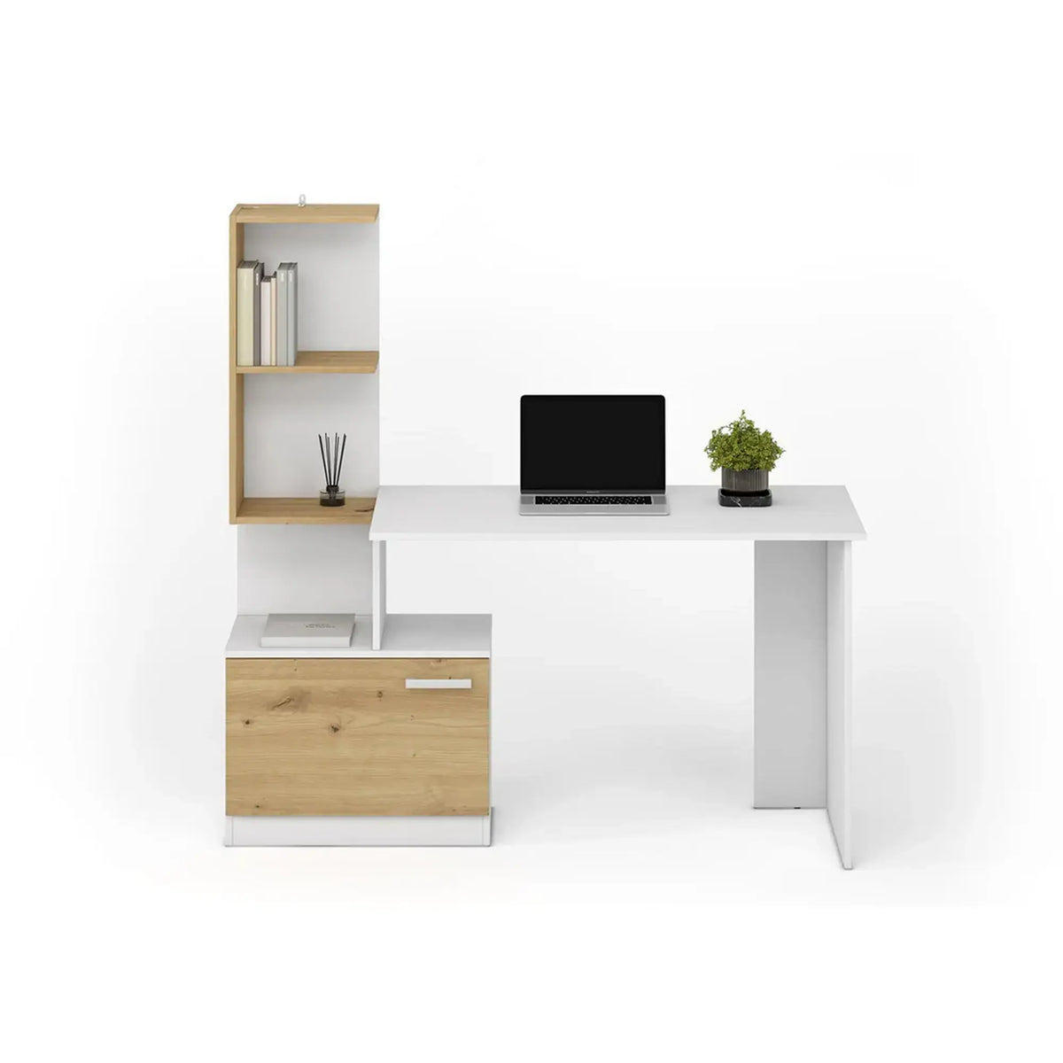 Birou MISO, alb/stejar artisan, PAL laminat, 144x60x142 cm