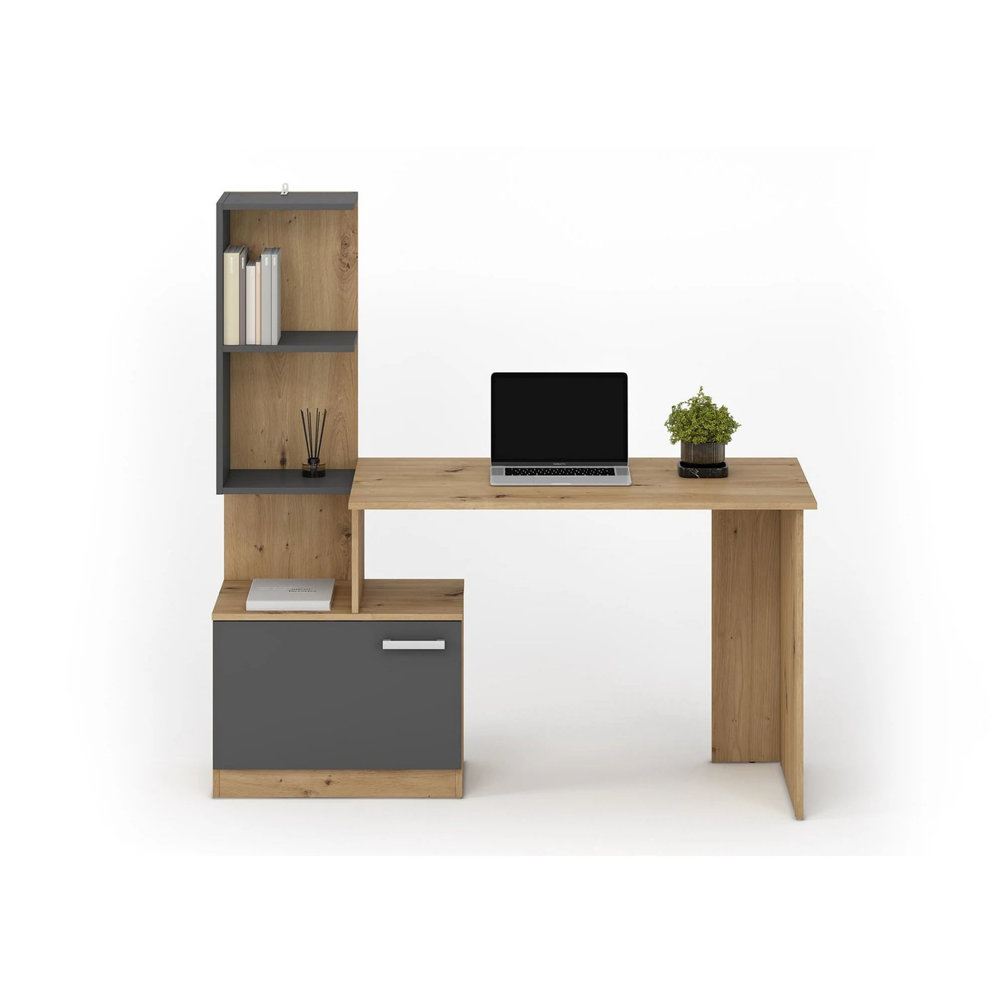 Birou MISO, stejar artisan/gri grafit, PAL laminat, 144x60x142 cm