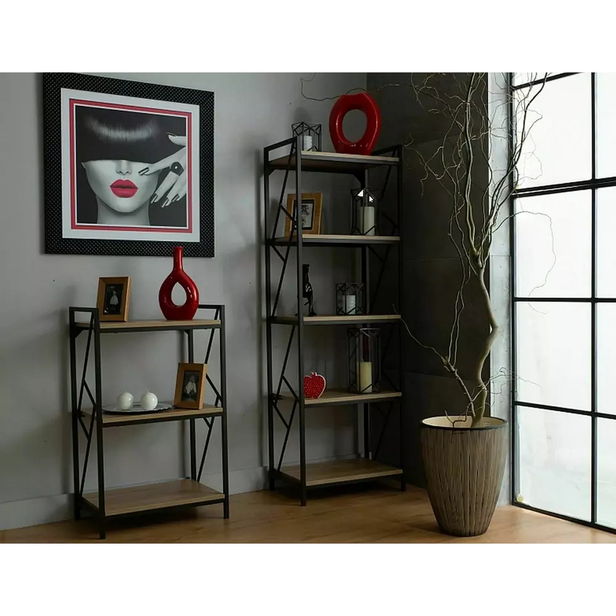 Etajera TABLO R5, stejar/maro inchis, PAL laminat/metal, 60x40x180 cm