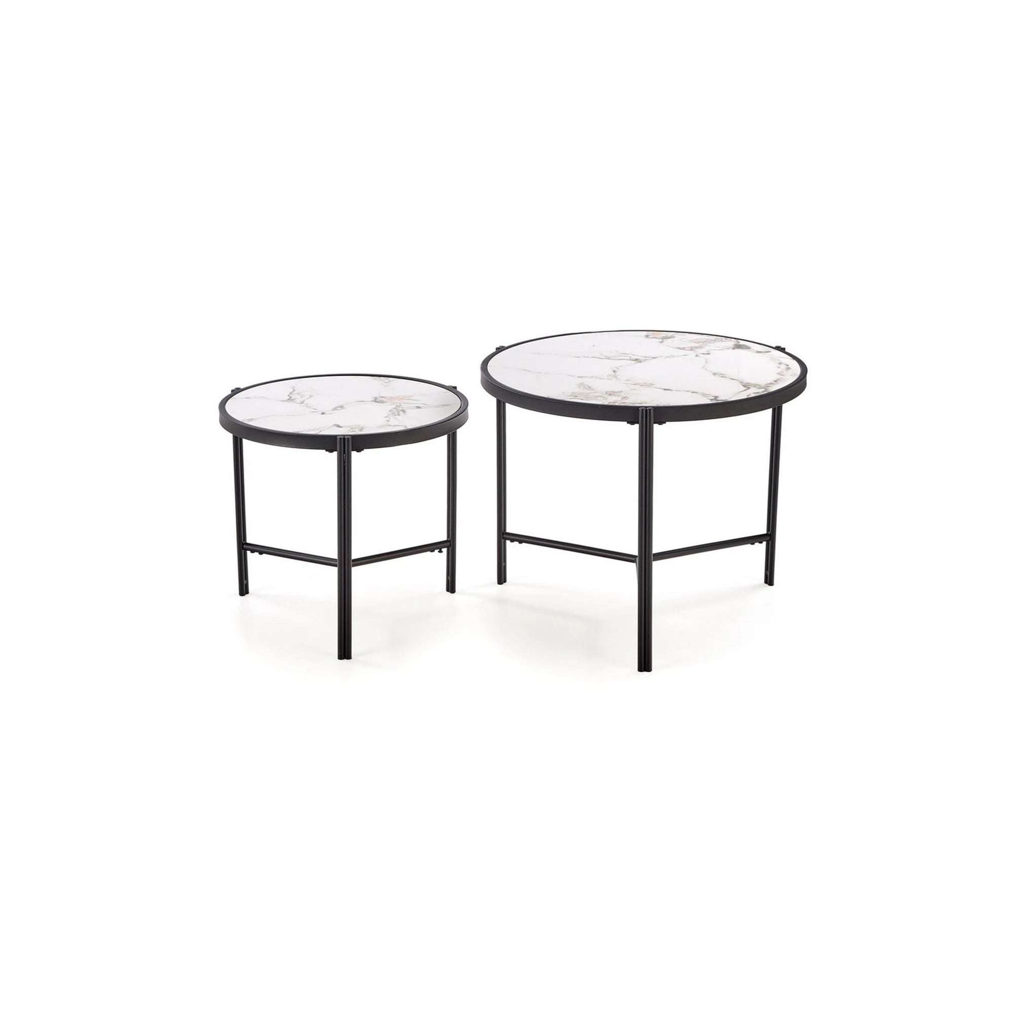 Set 2 masute cafea FATIMA, alb cu efect de marmura/negru, ceramica/metal